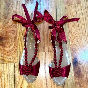 NEW Women's flat Red Tie up Ribbon Boho Candela ballet  Satin Tie Up Sandal 6